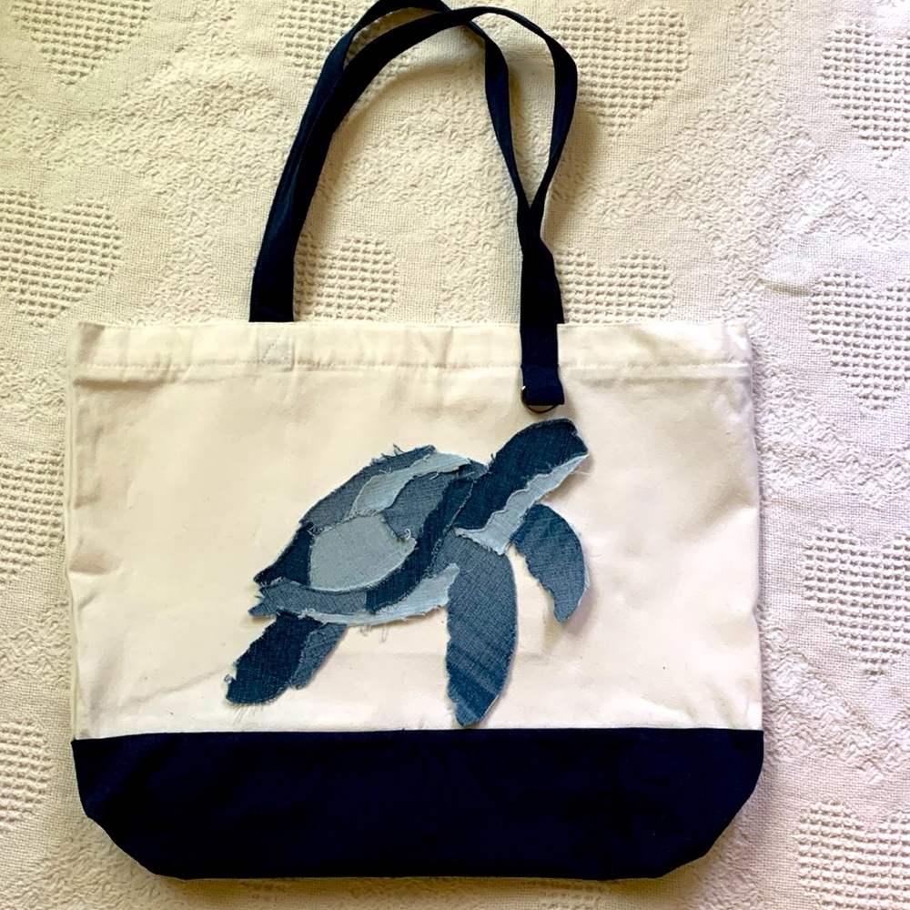 Sea Turtle Patchwork Hand Cut Handmade Denim Design On Premium Zippered Tote